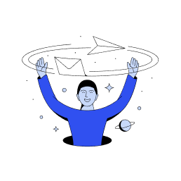 Man with swirling questions, an envelope, stars & planets above his head. 